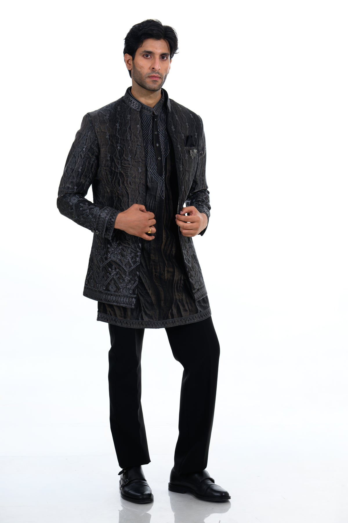 Black Embroidered Indo Western Set