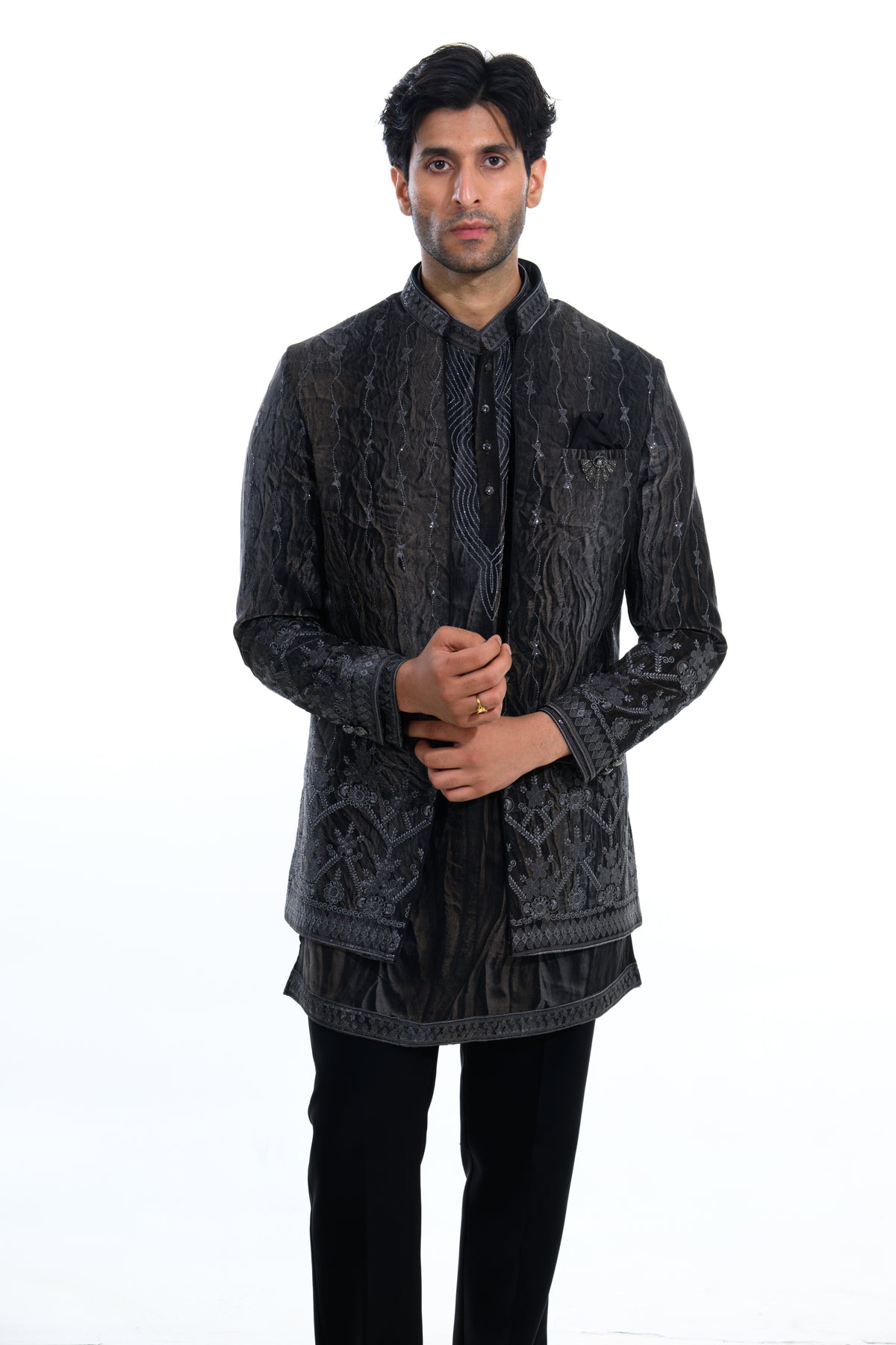 Black Embroidered Indo Western Set