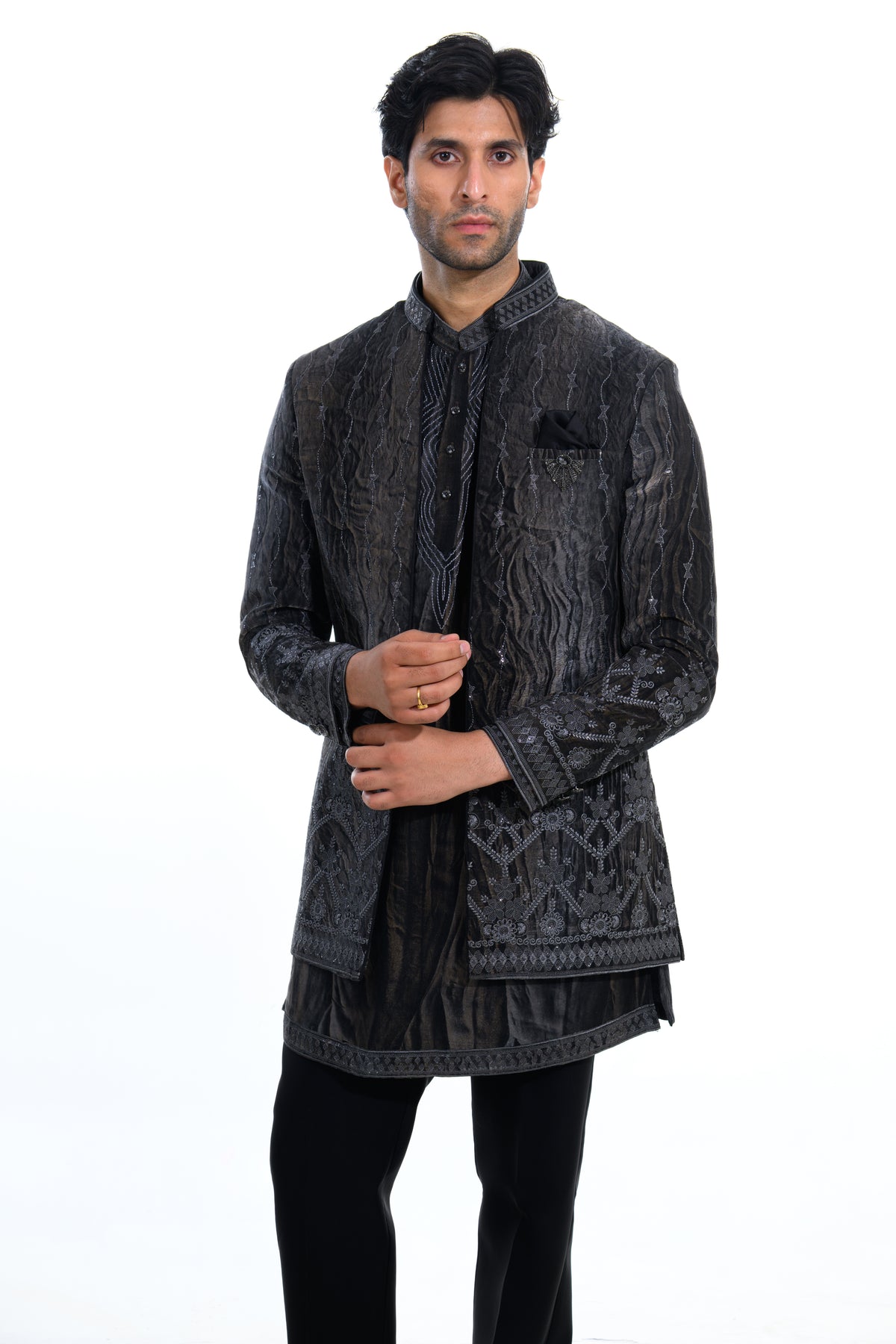 Black Embroidered Indo Western Set