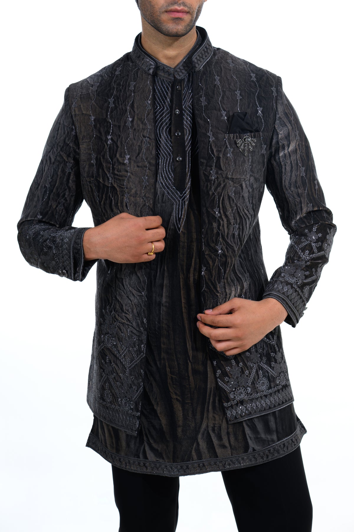 Black Embroidered Indo Western Set