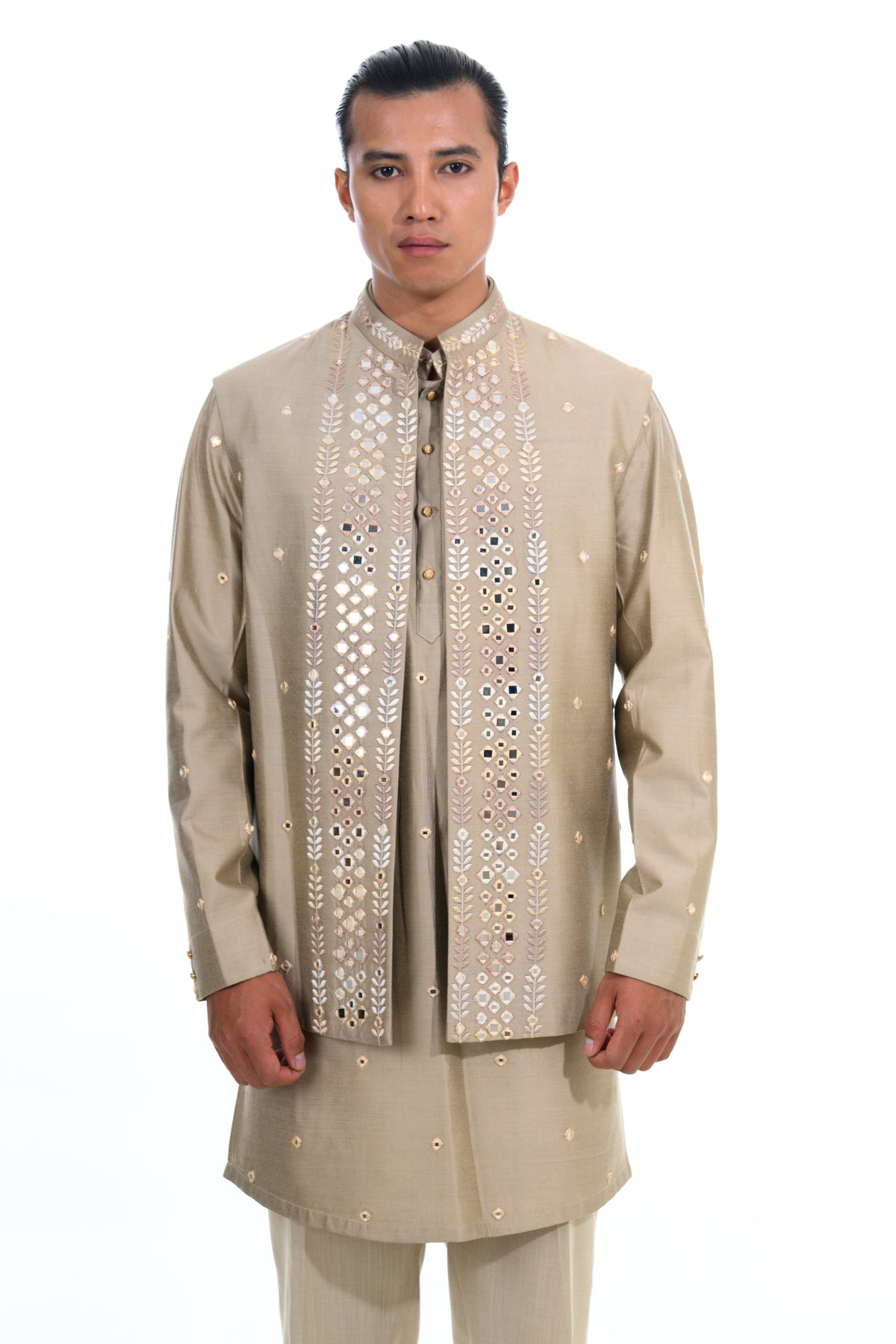 Fawn Mirror Embroidered Indo-Western Jacket Set