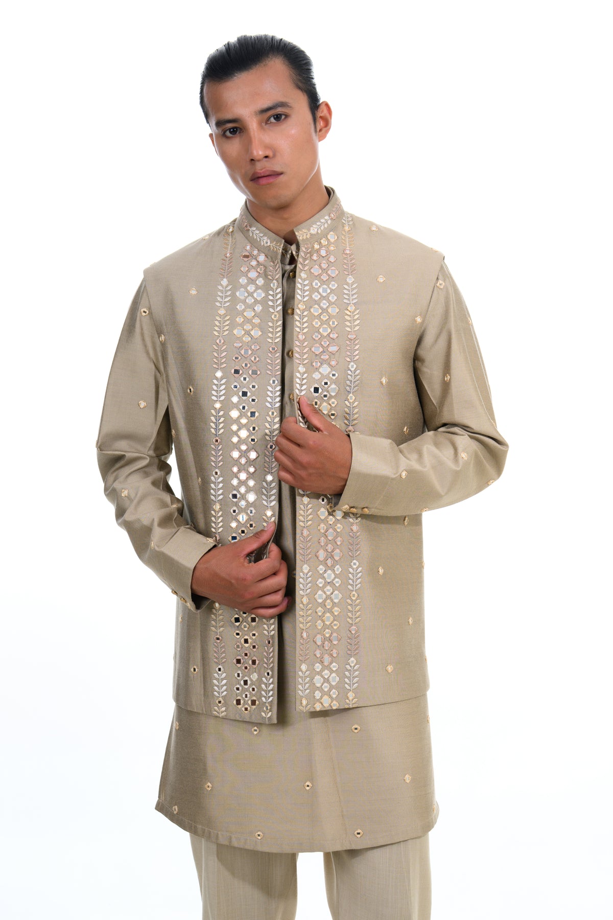 Fawn Mirror Embroidered Indo-Western Jacket Set
