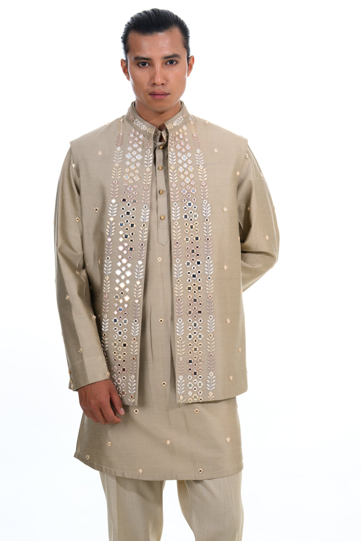 Fawn Mirror Embroidered Indo-Western Jacket Set