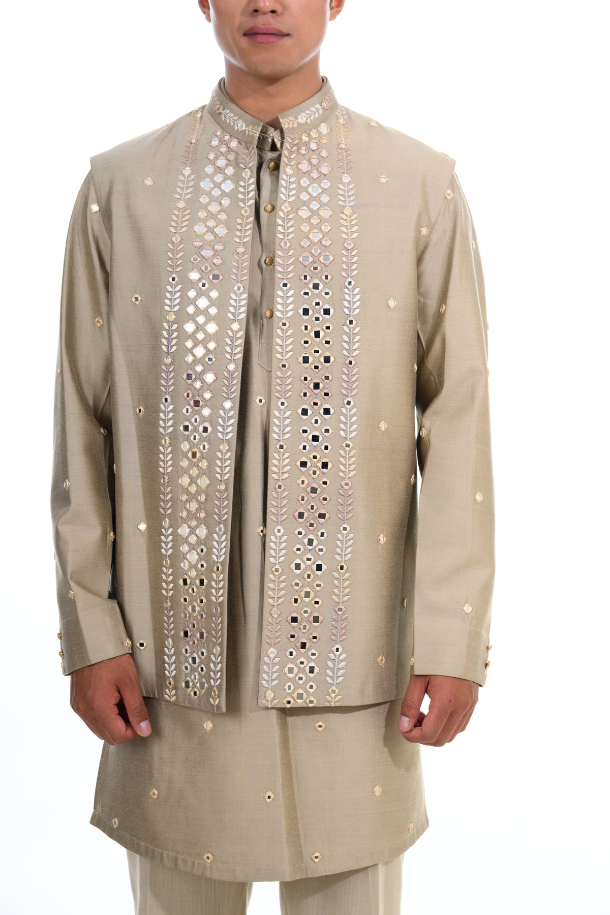 Fawn Mirror Embroidered Indo-Western Jacket Set