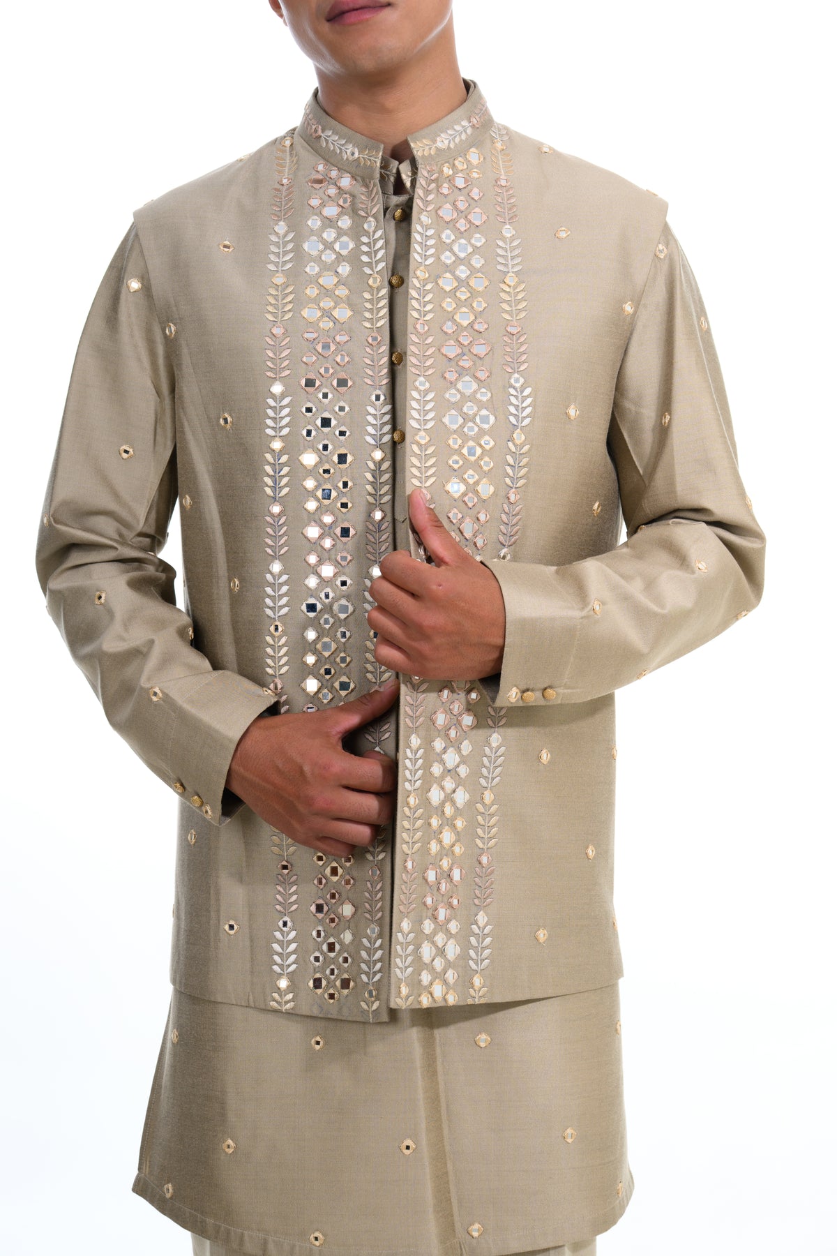 Fawn Mirror Embroidered Indo-Western Jacket Set