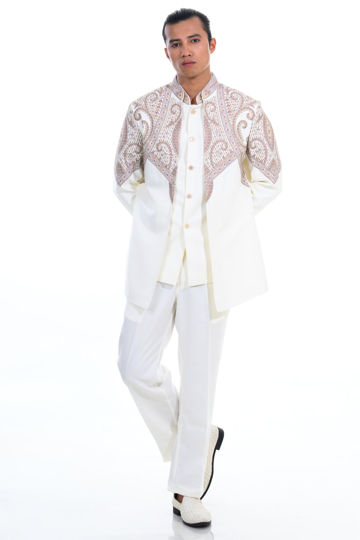 Cream Regal Yoke Embroidered Indo-Western  Set