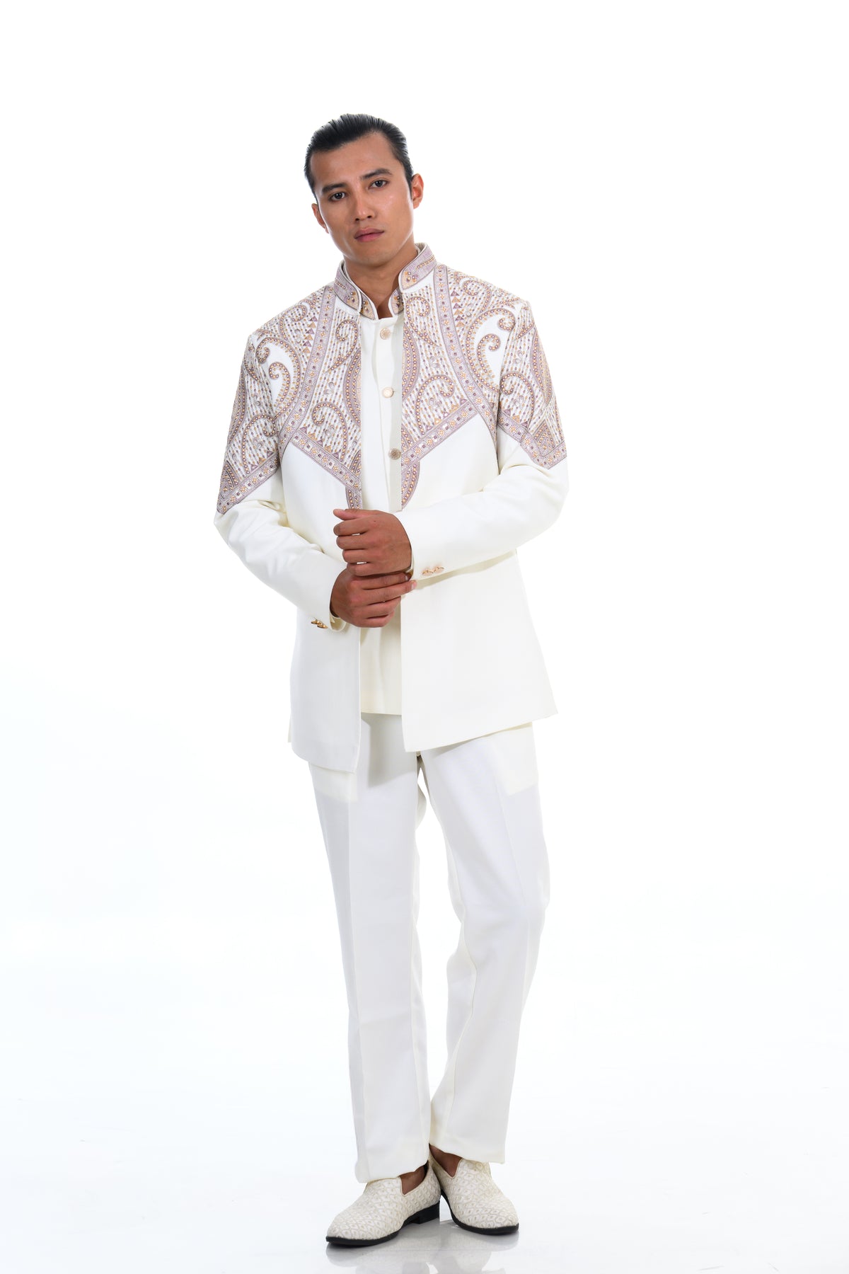 Cream Regal Yoke Embroidered Indo-Western  Set