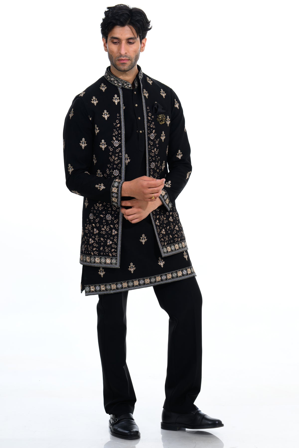 Midnight Black Embroidered Indo Western Set
