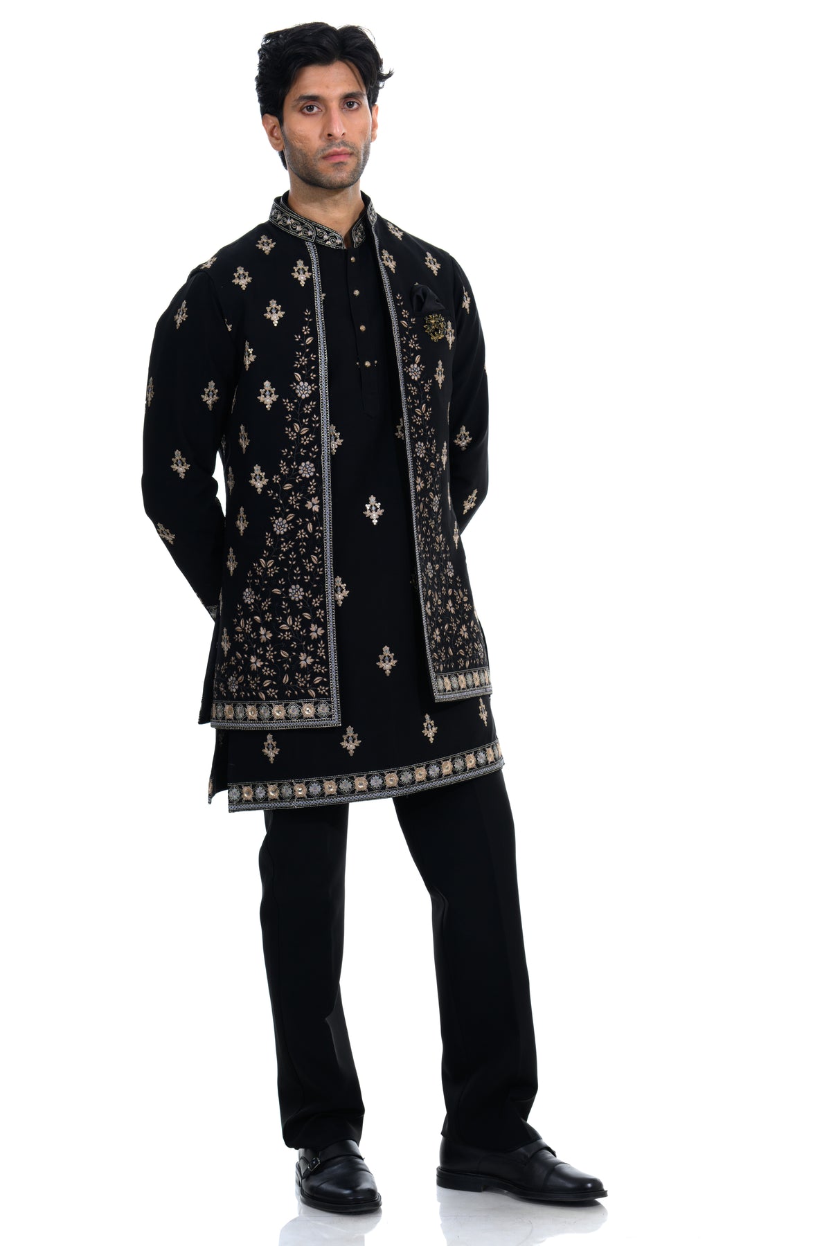 Midnight Black Embroidered Indo Western Set