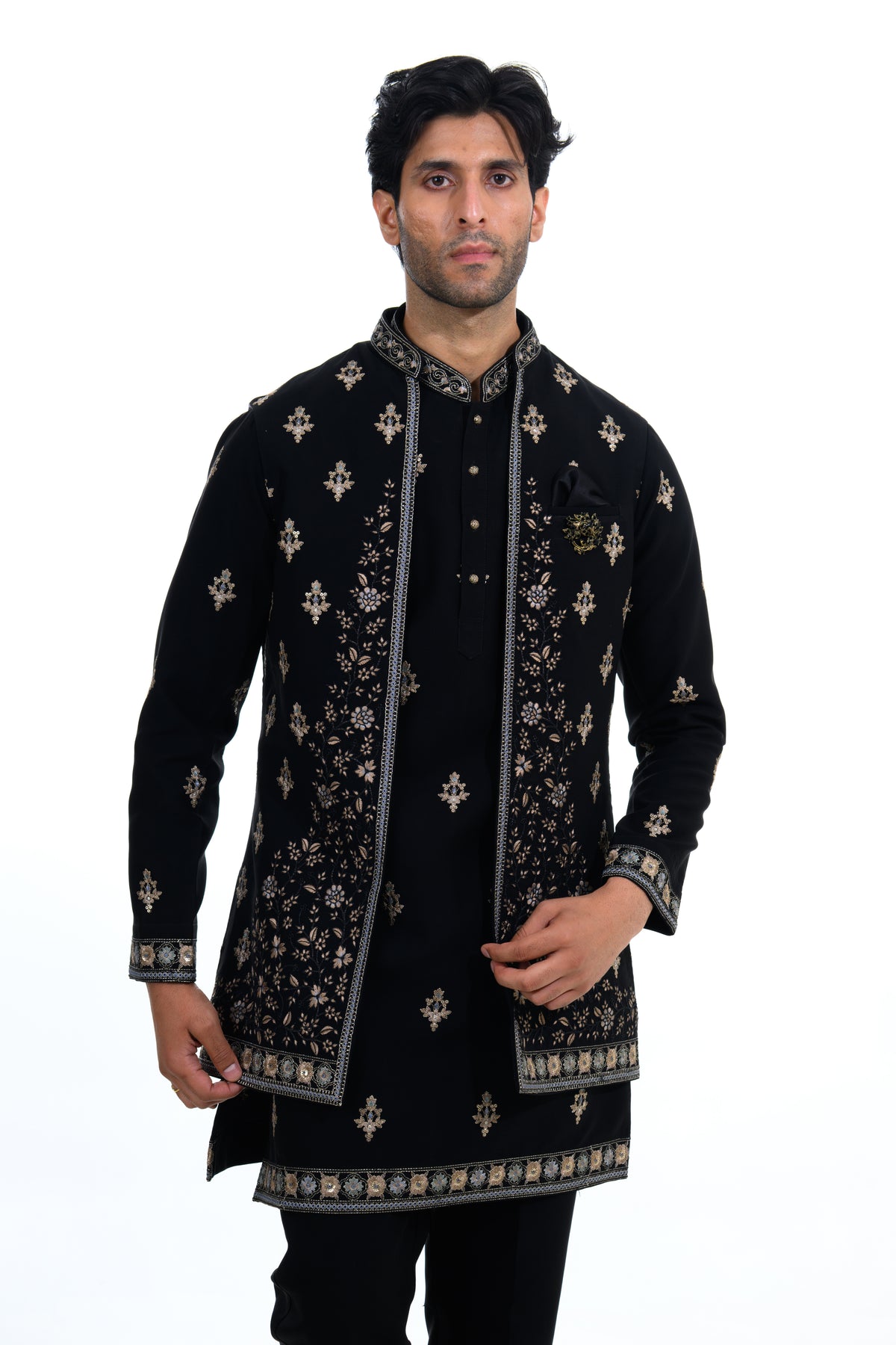 Midnight Black Embroidered Indo Western Set