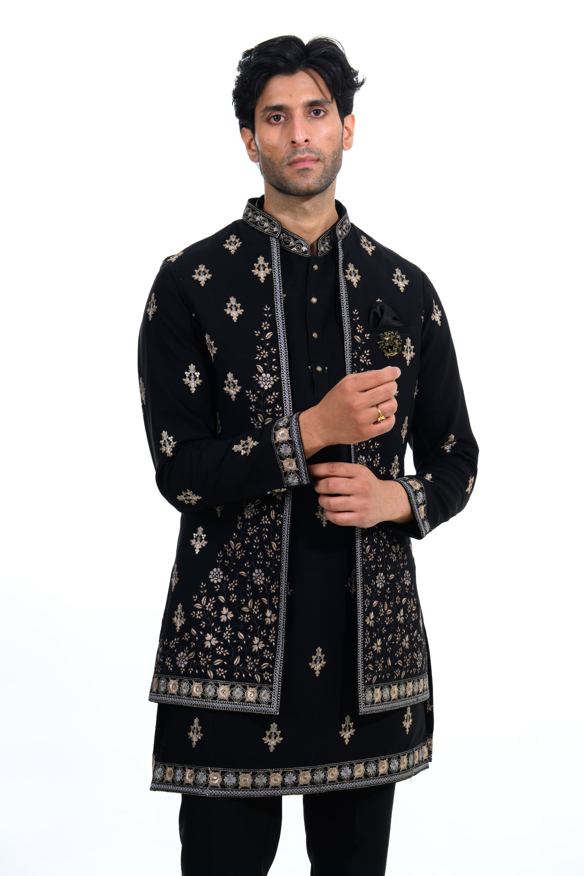 Midnight Black Embroidered Indo Western Set
