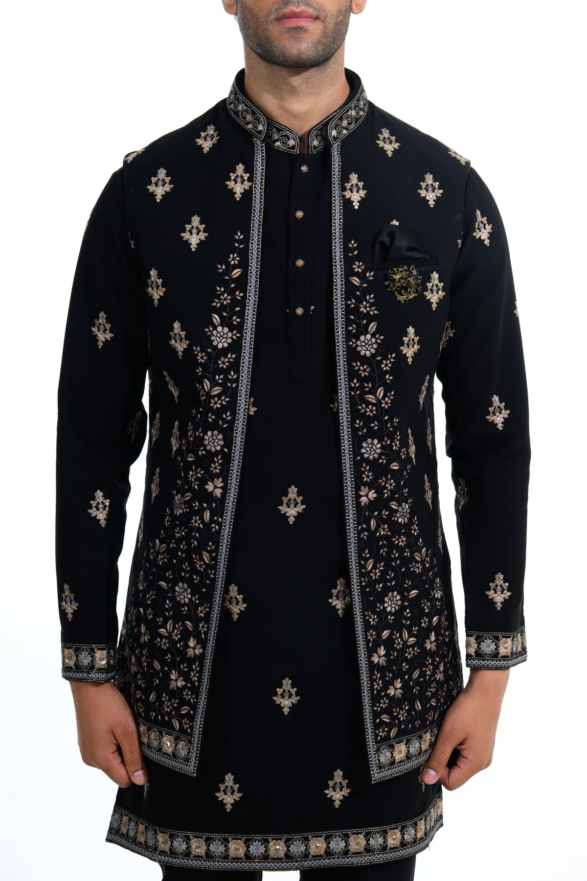 Midnight Black Embroidered Indo Western Set