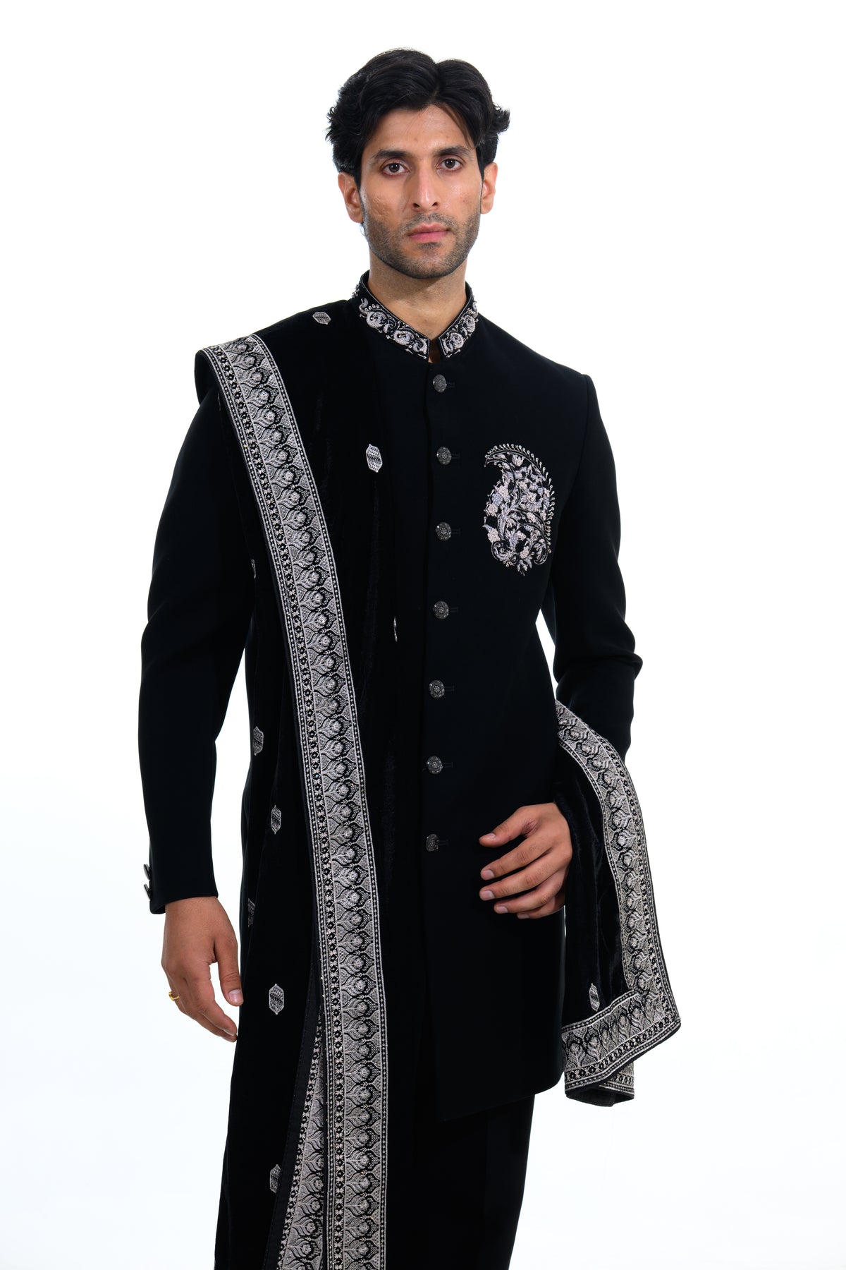 Midnight Black Embroidered Indo Western Set with Velvet Stole