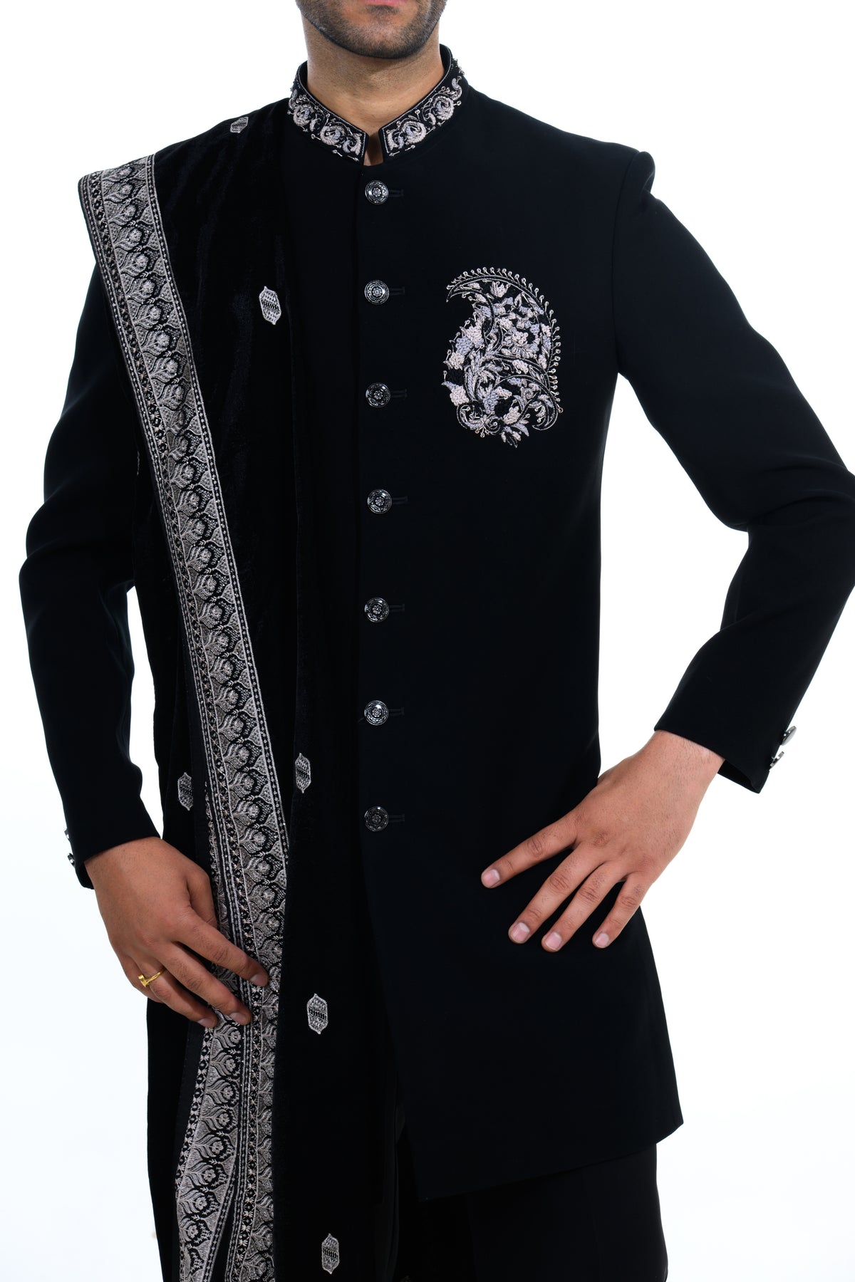 Midnight Black Embroidered Indo Western Set with Velvet Stole