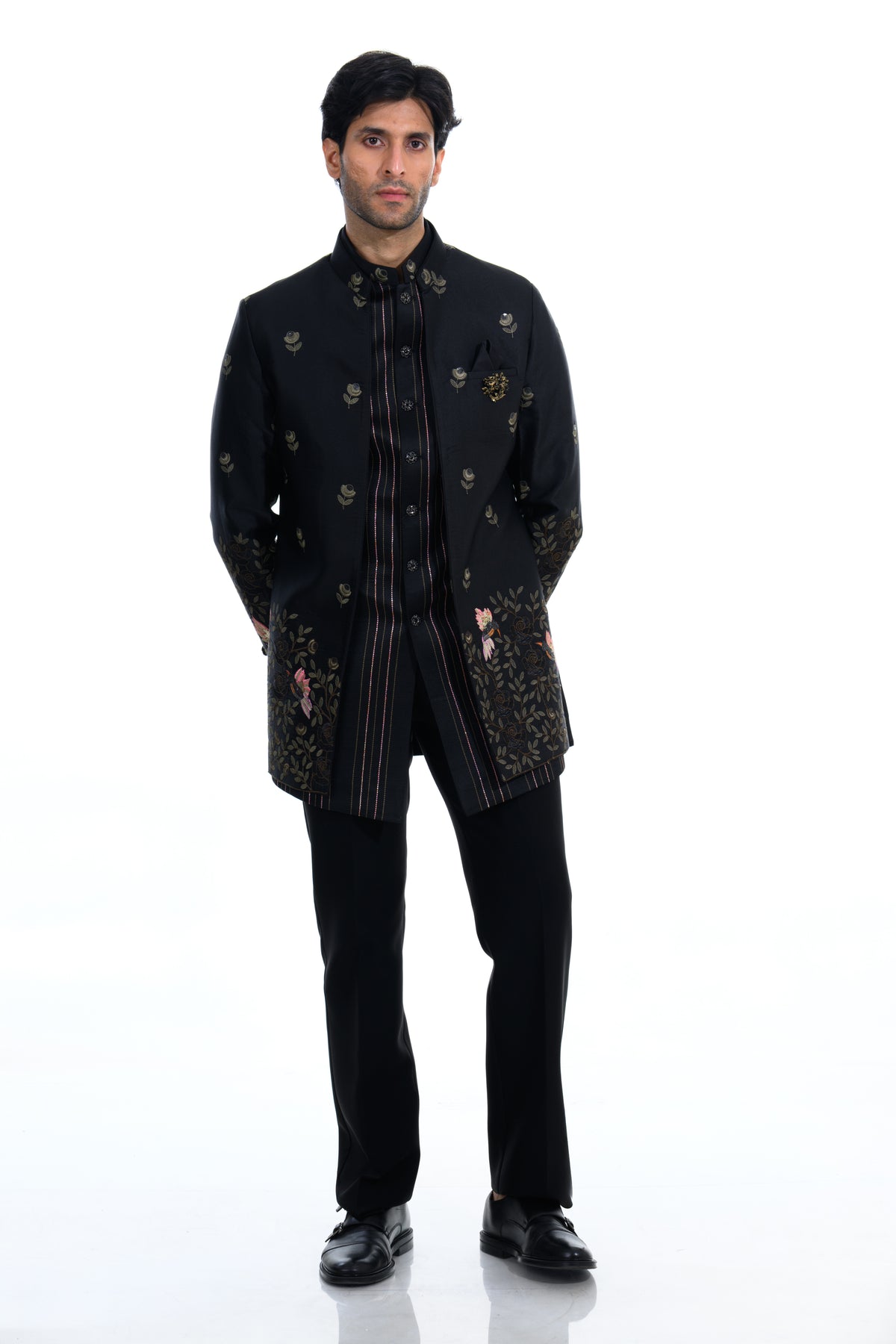 Midnight Black Floral Embroidered Indo Western Set