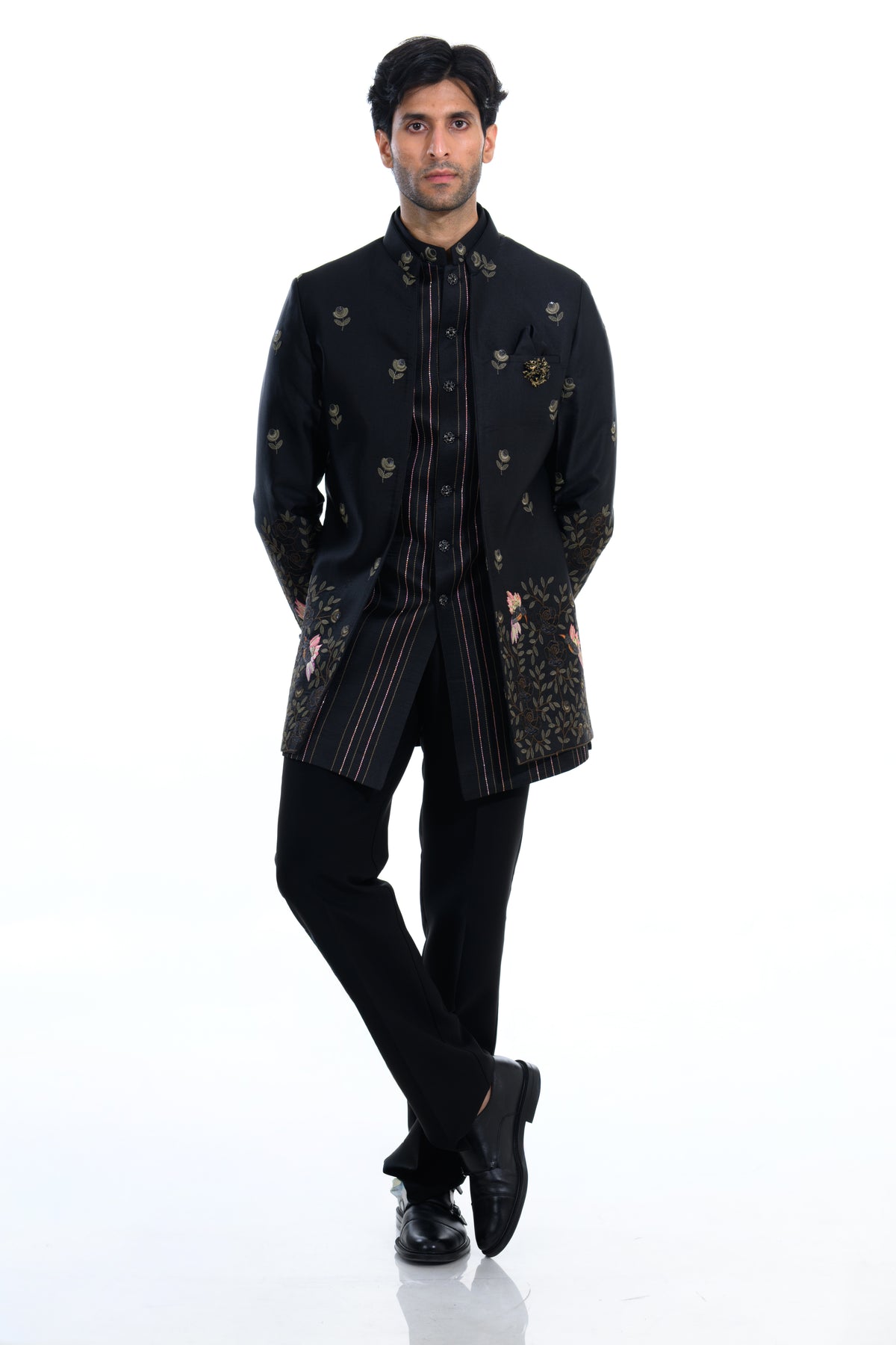 Midnight Black Floral Embroidered Indo Western Set