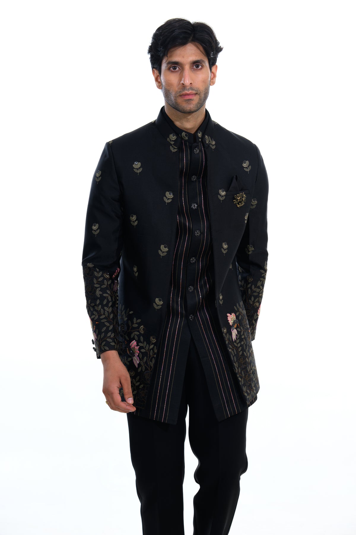 Midnight Black Floral Embroidered Indo Western Set