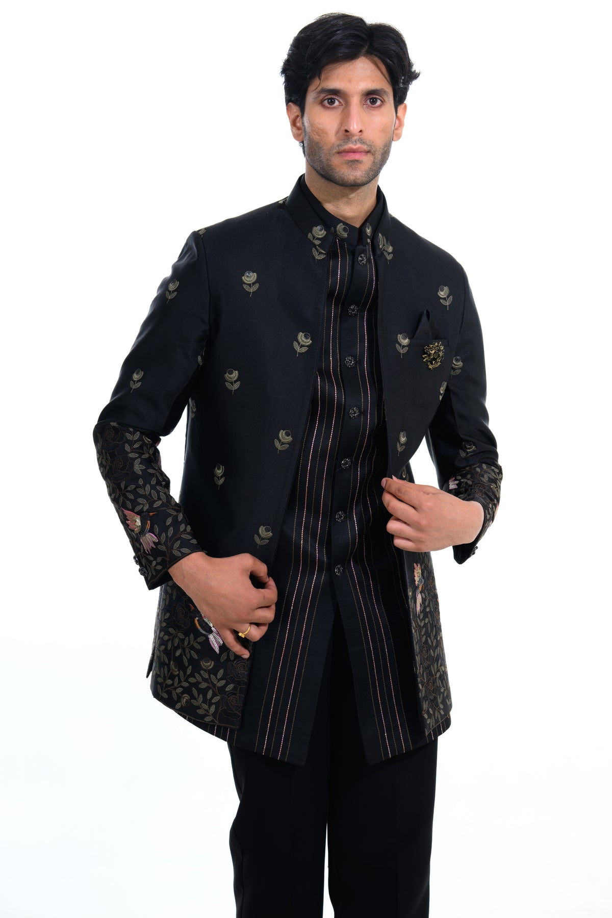 Midnight Black Floral Embroidered Indo Western Set