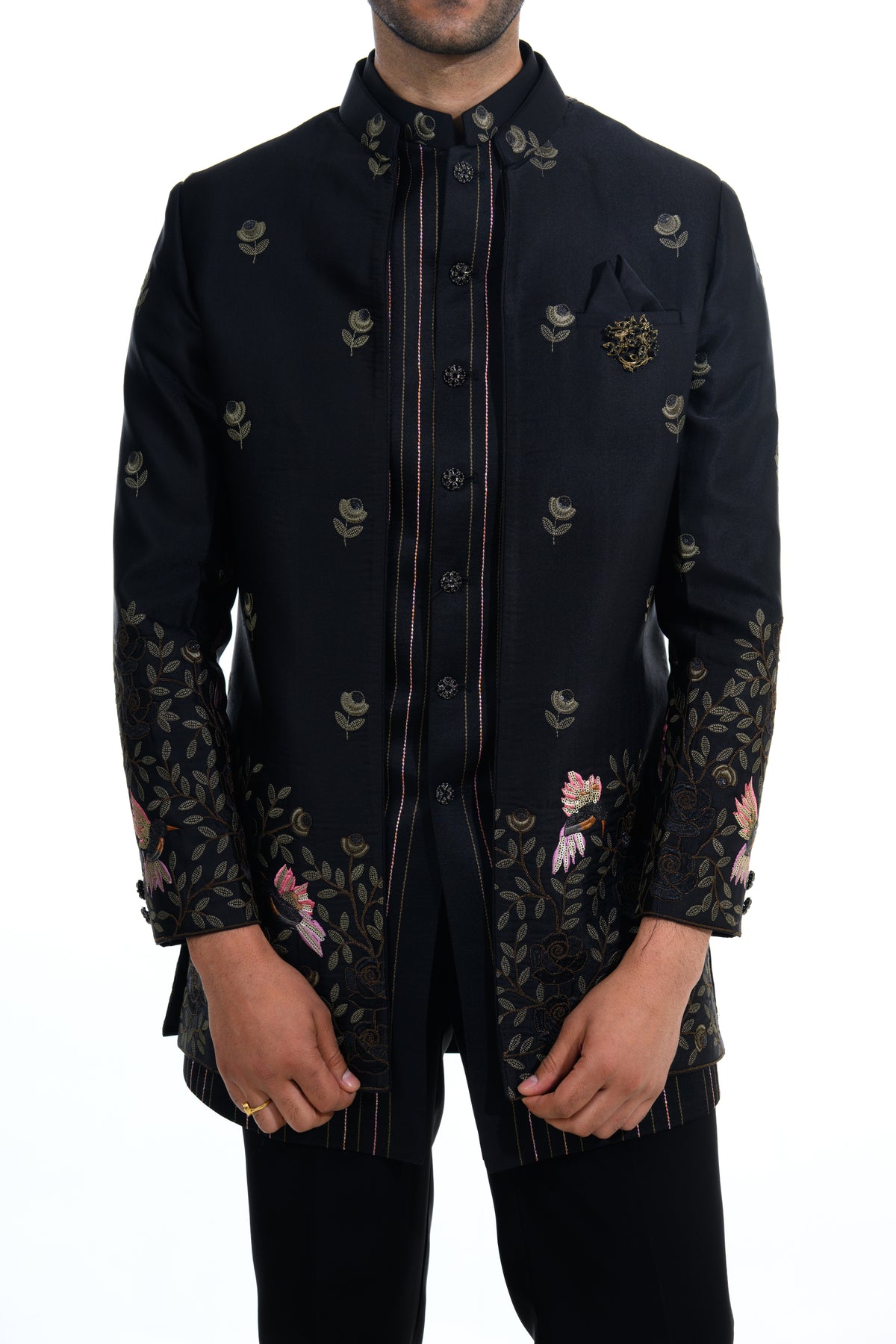 Midnight Black Floral Embroidered Indo Western Set