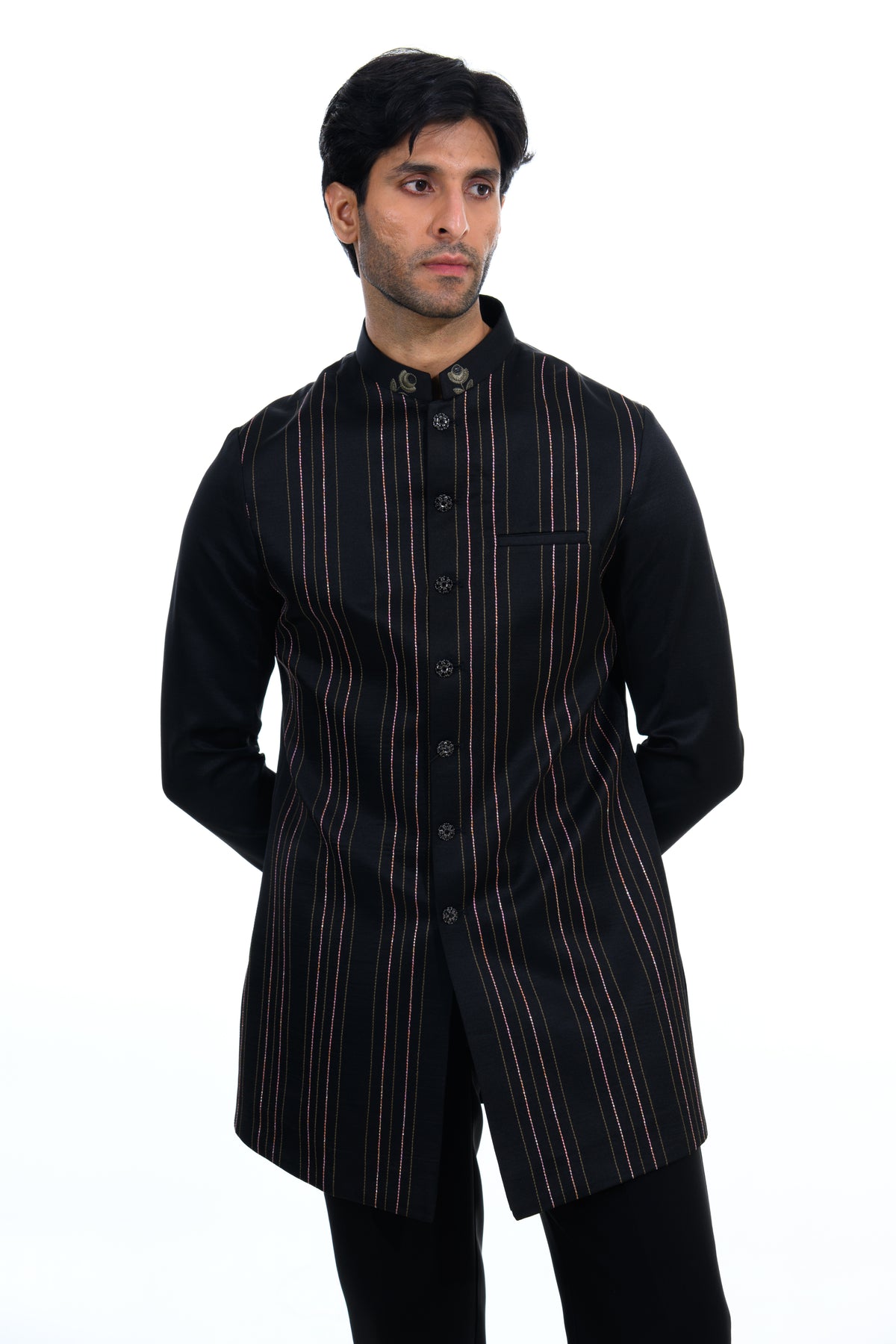 Midnight Black Floral Embroidered Indo Western Set
