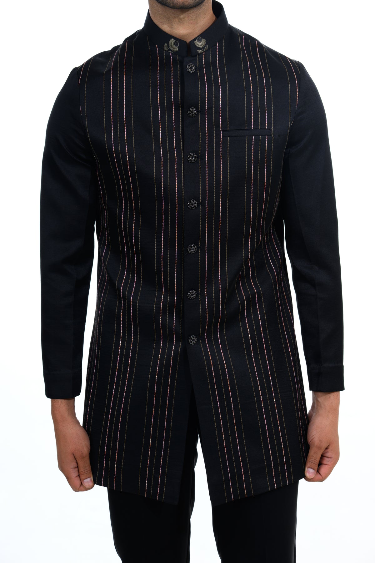Midnight Black Floral Embroidered Indo Western Set