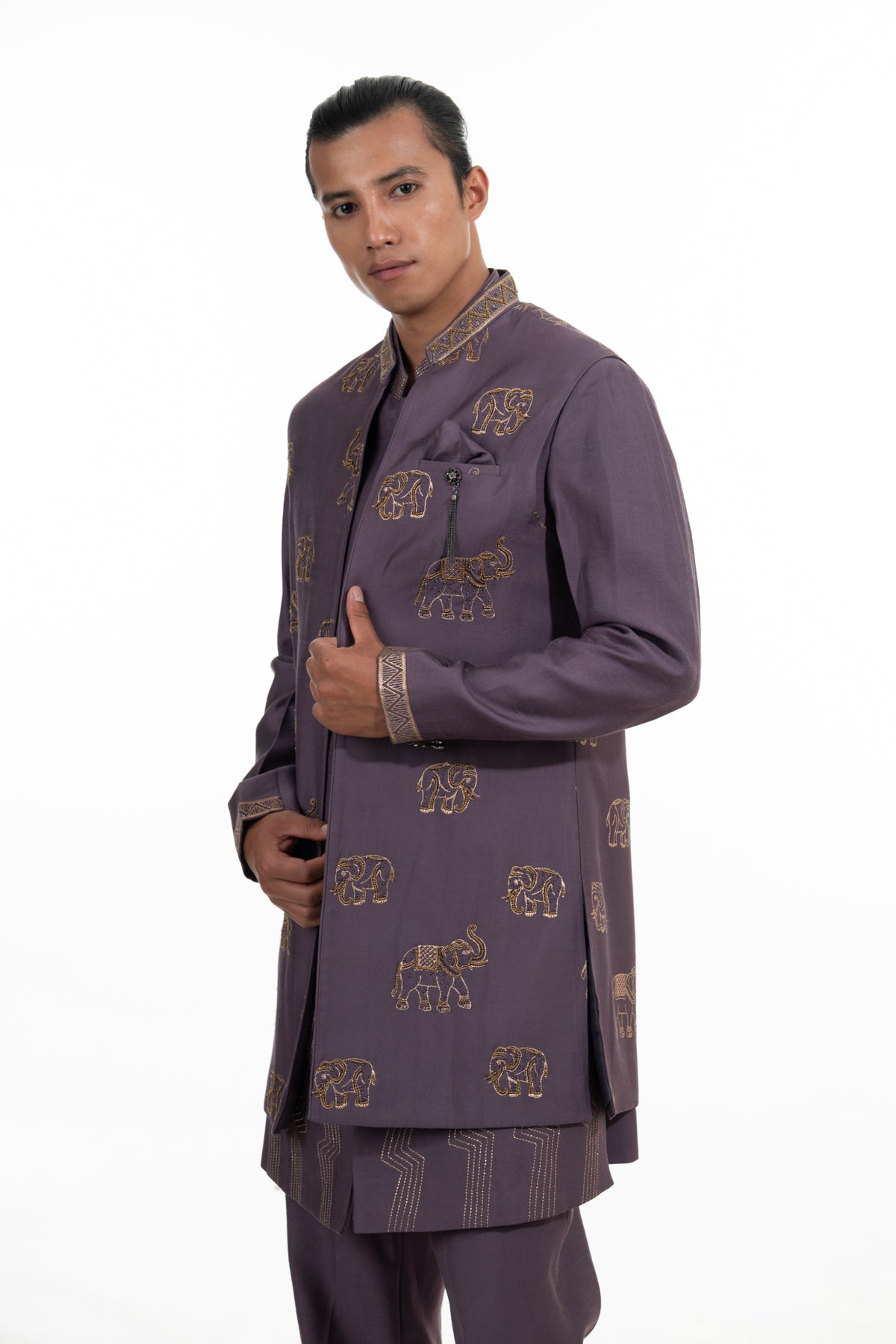 Purple Embroidered Indo Western  Set
