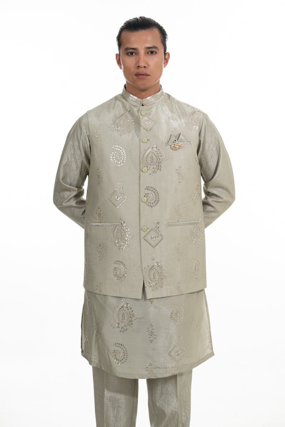 Pista Embroidered Kurta Jacket Set