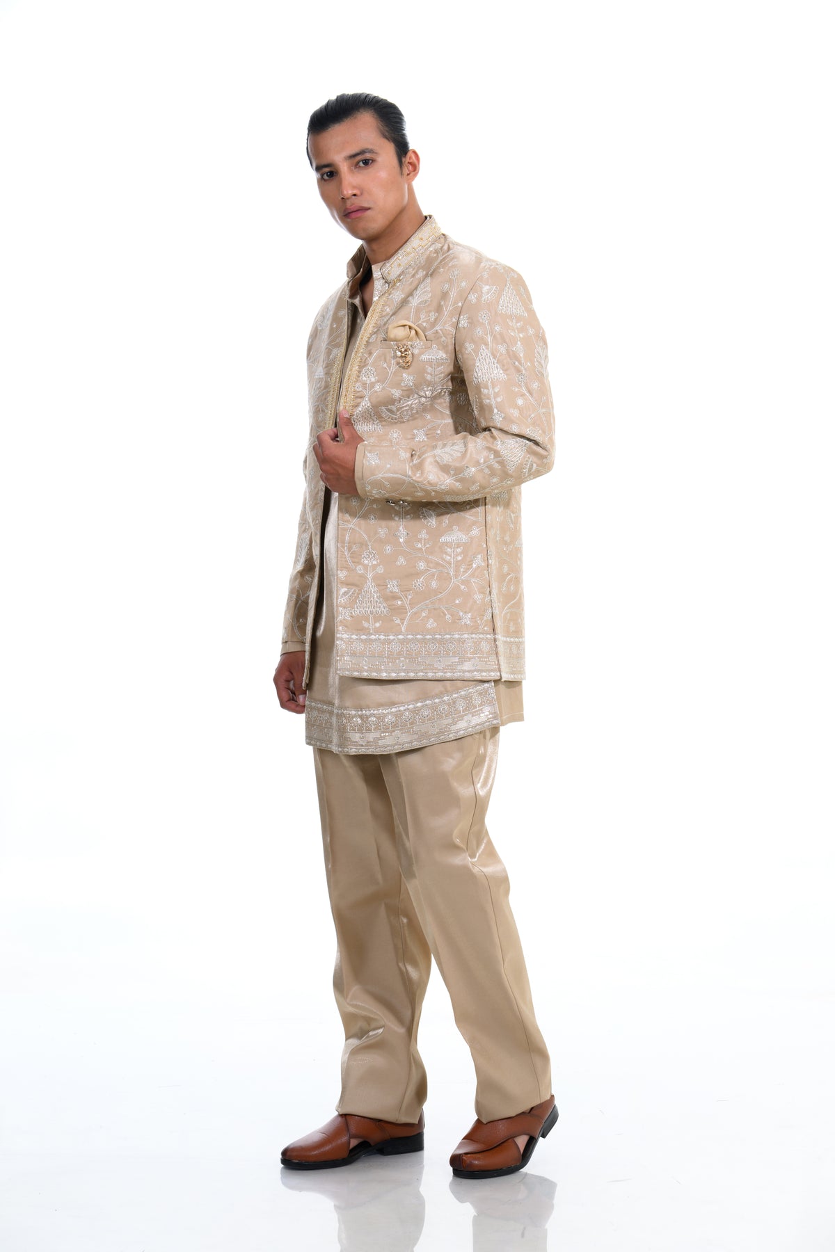 Fawn Botanical Embroidered Indo Western Set