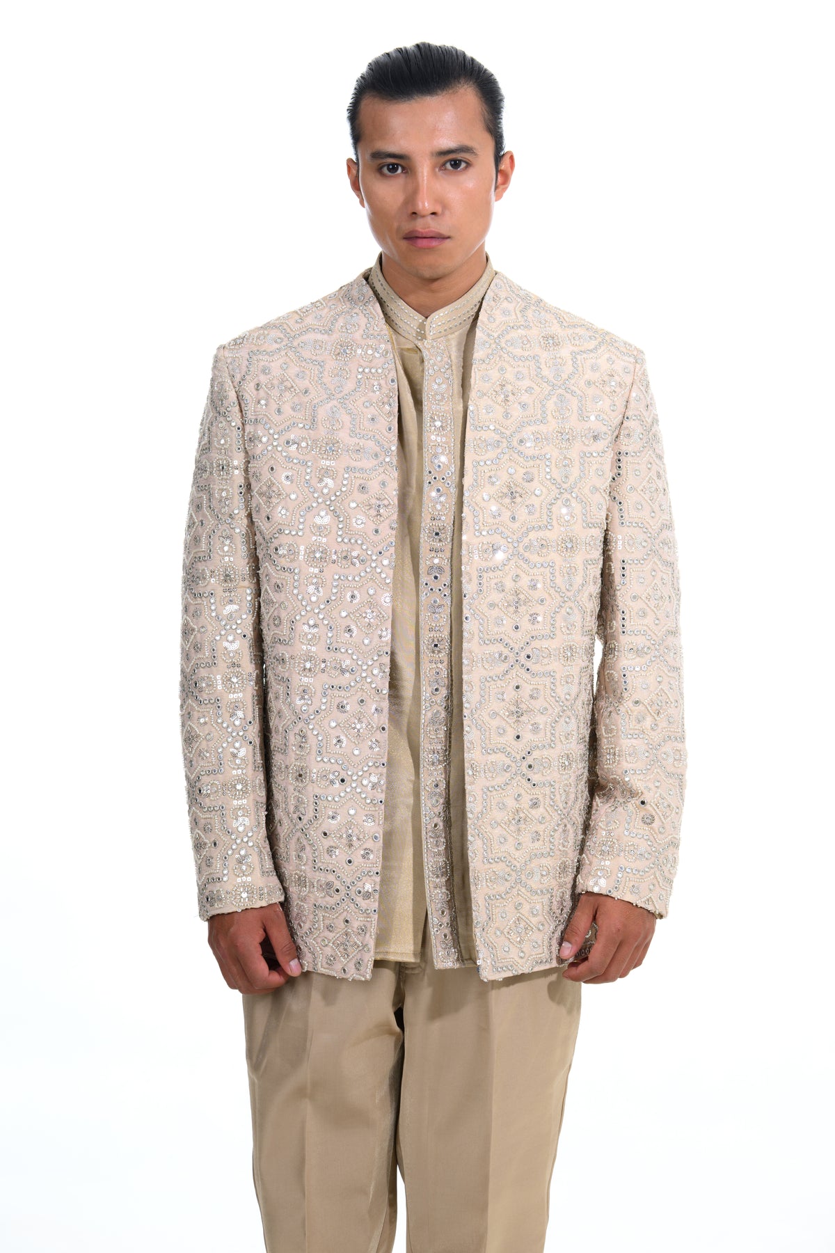 Champagne Mirrorwork Embroidered Indo Western Set