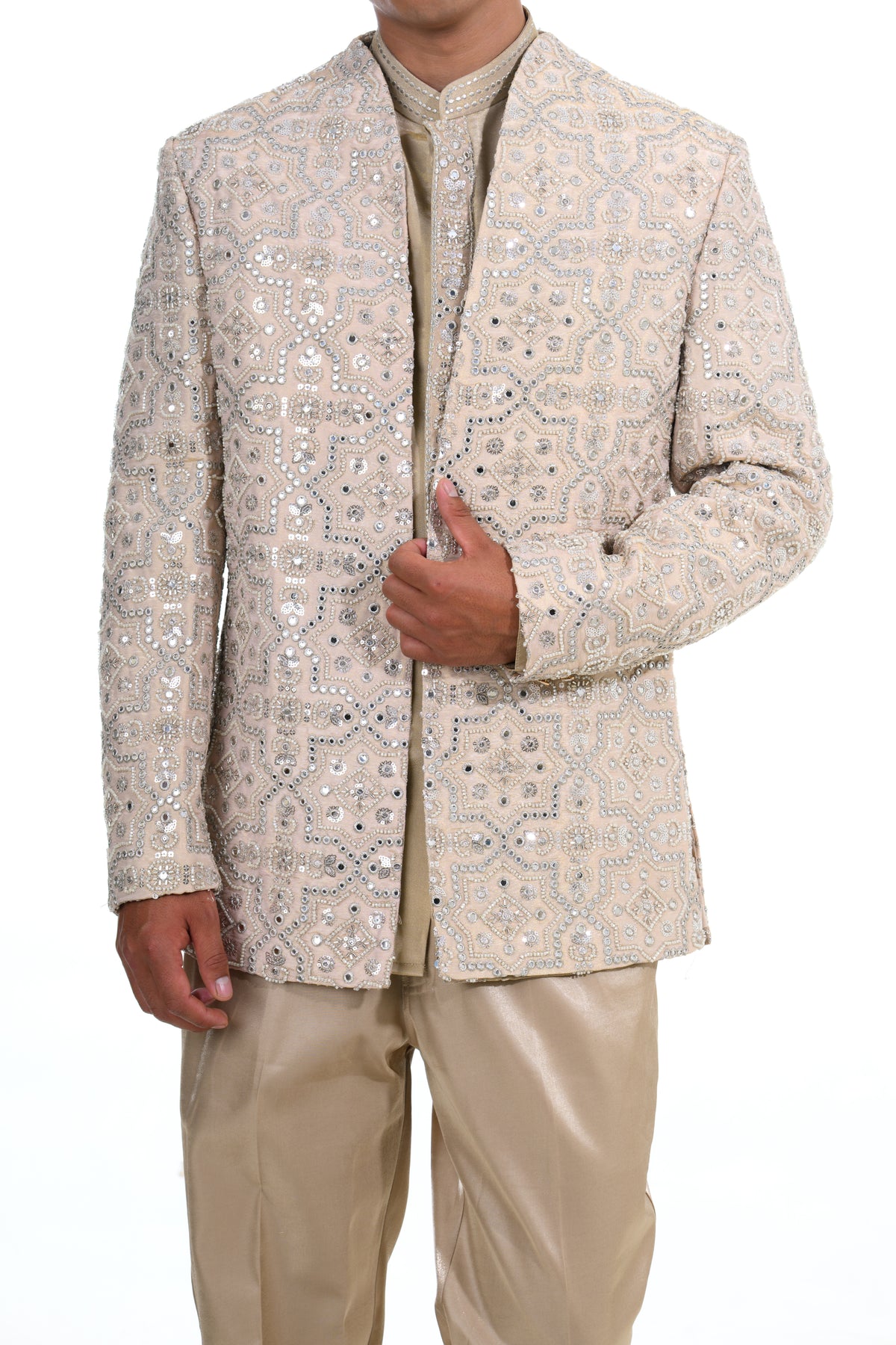 Champagne Mirrorwork Embroidered Indo Western Set