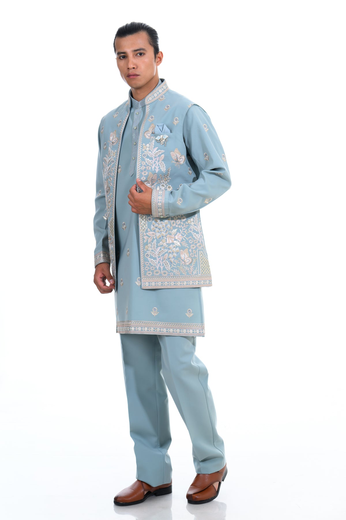 Powder Blue Botanical Embroidered Indo Western Set