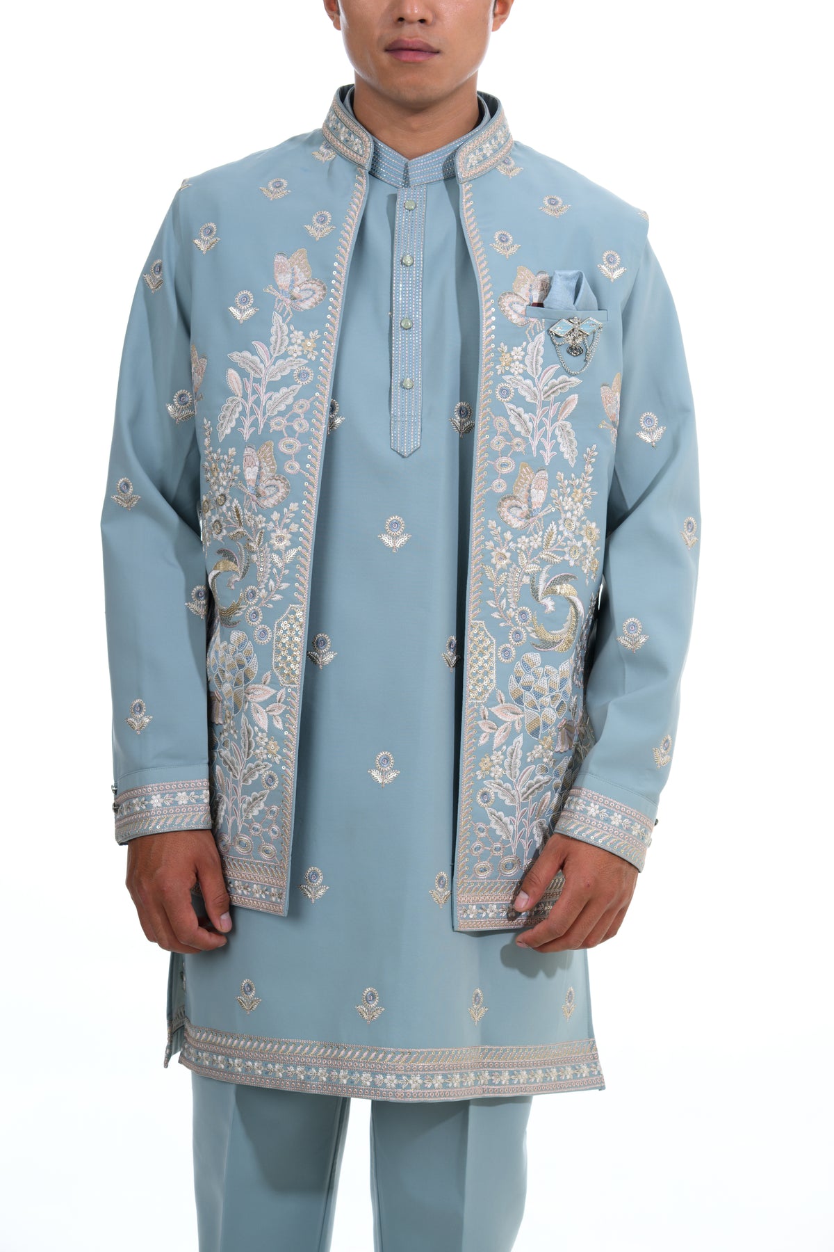Powder Blue Botanical Embroidered Indo Western Set