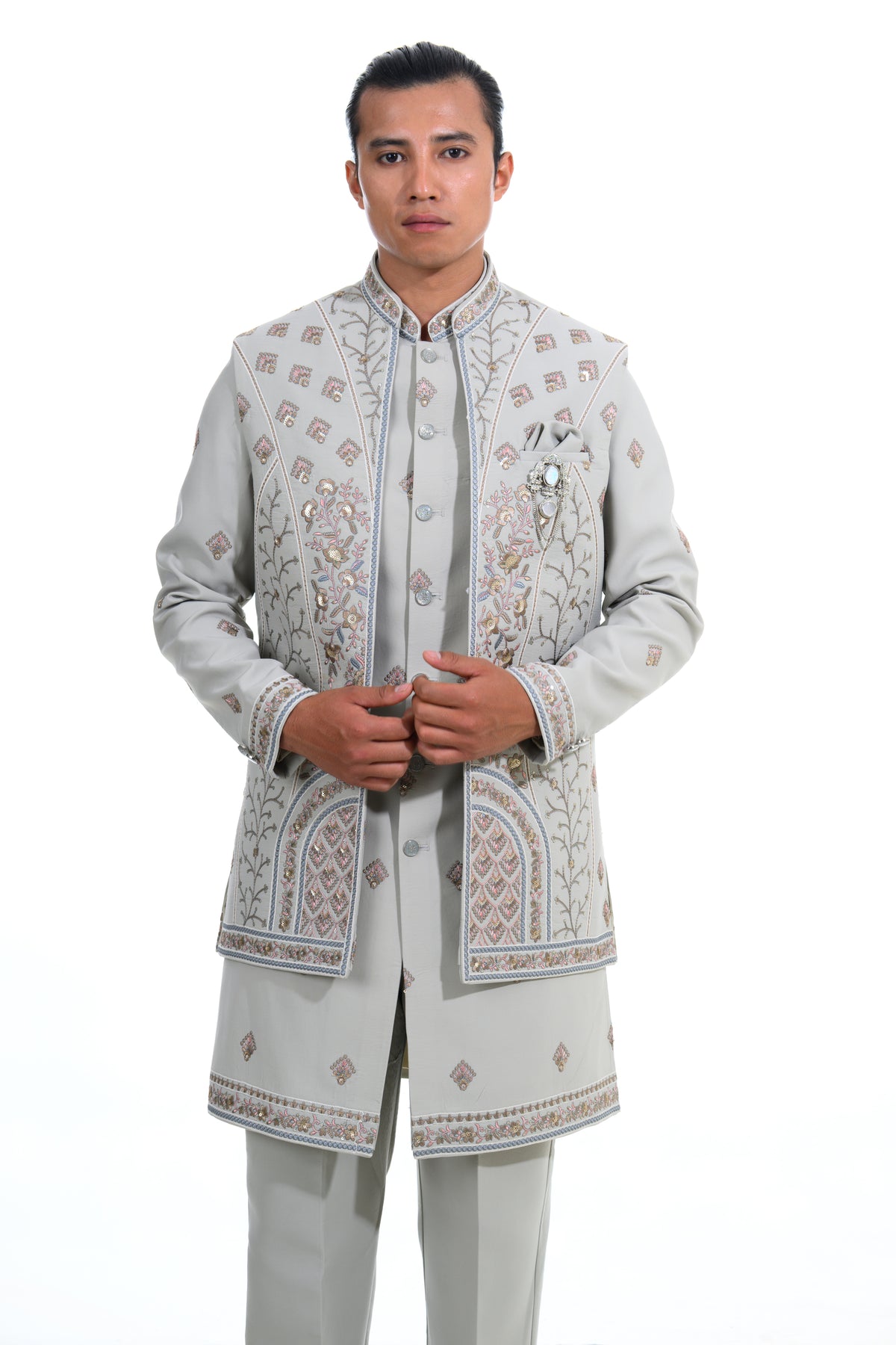 Grey Embroidered Indo Western Set