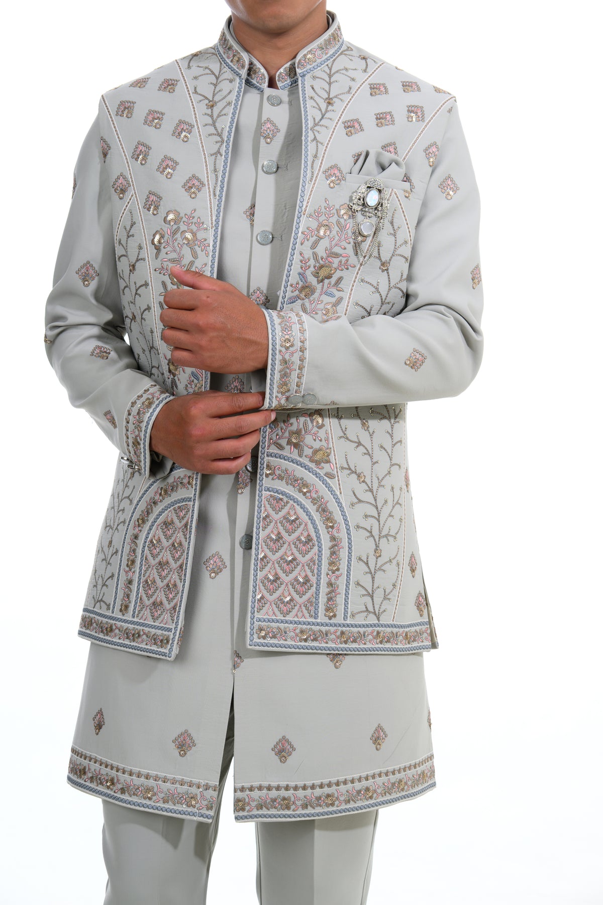 Grey Embroidered Indo Western Set