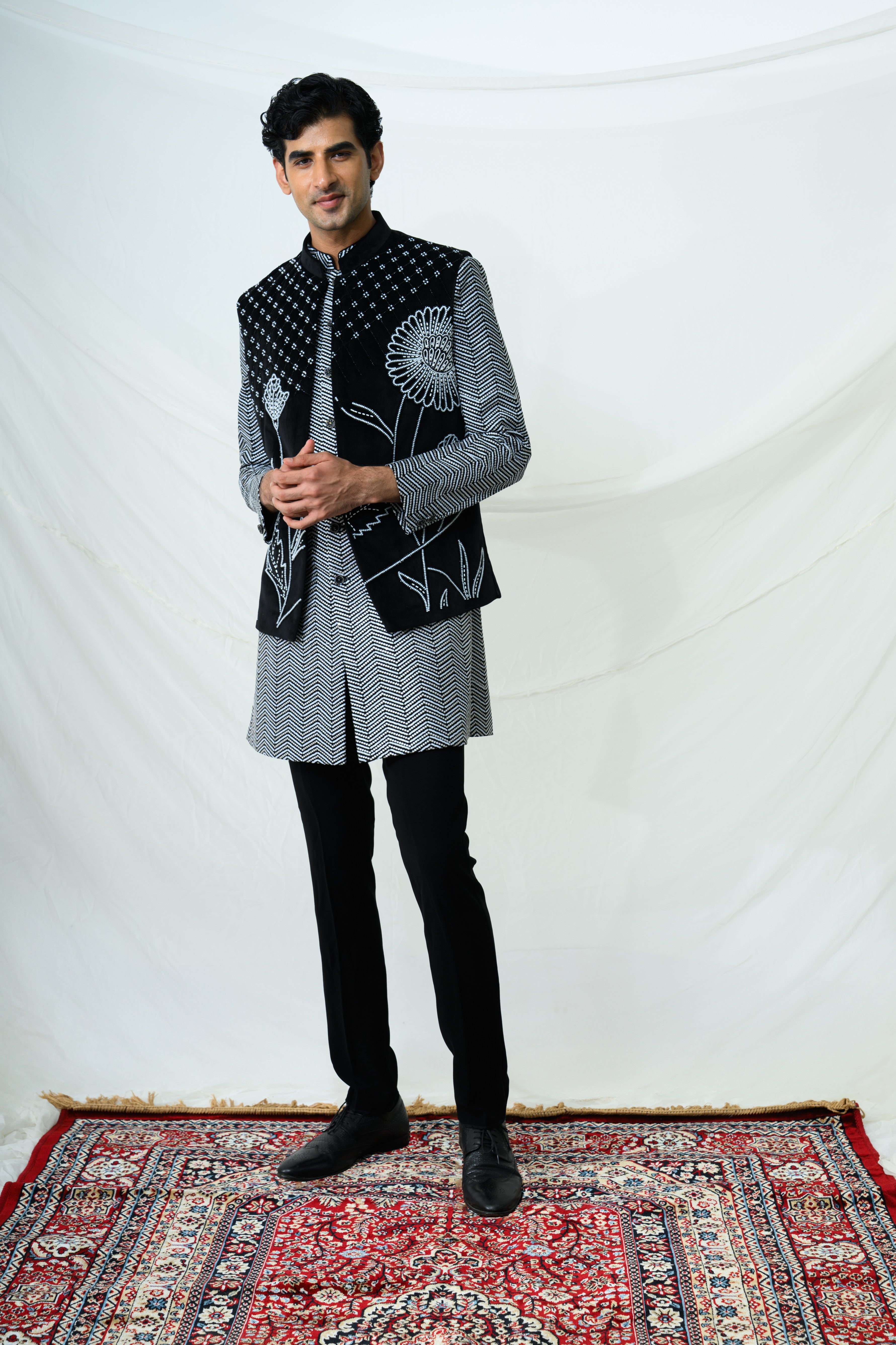Monochrome Floral Embroidered Bundi Kurta Set