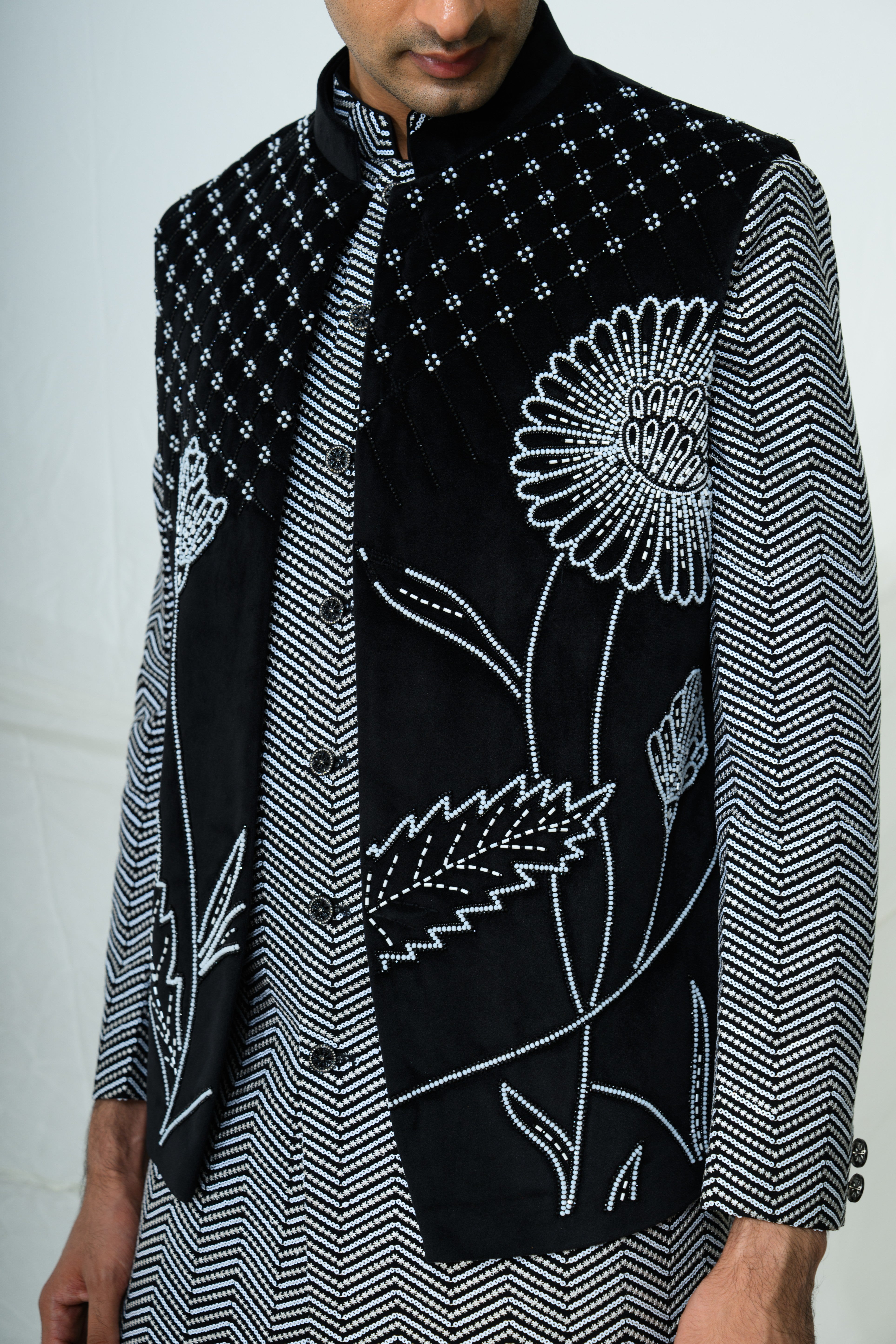 Monochrome Floral Embroidered Bundi Kurta Set