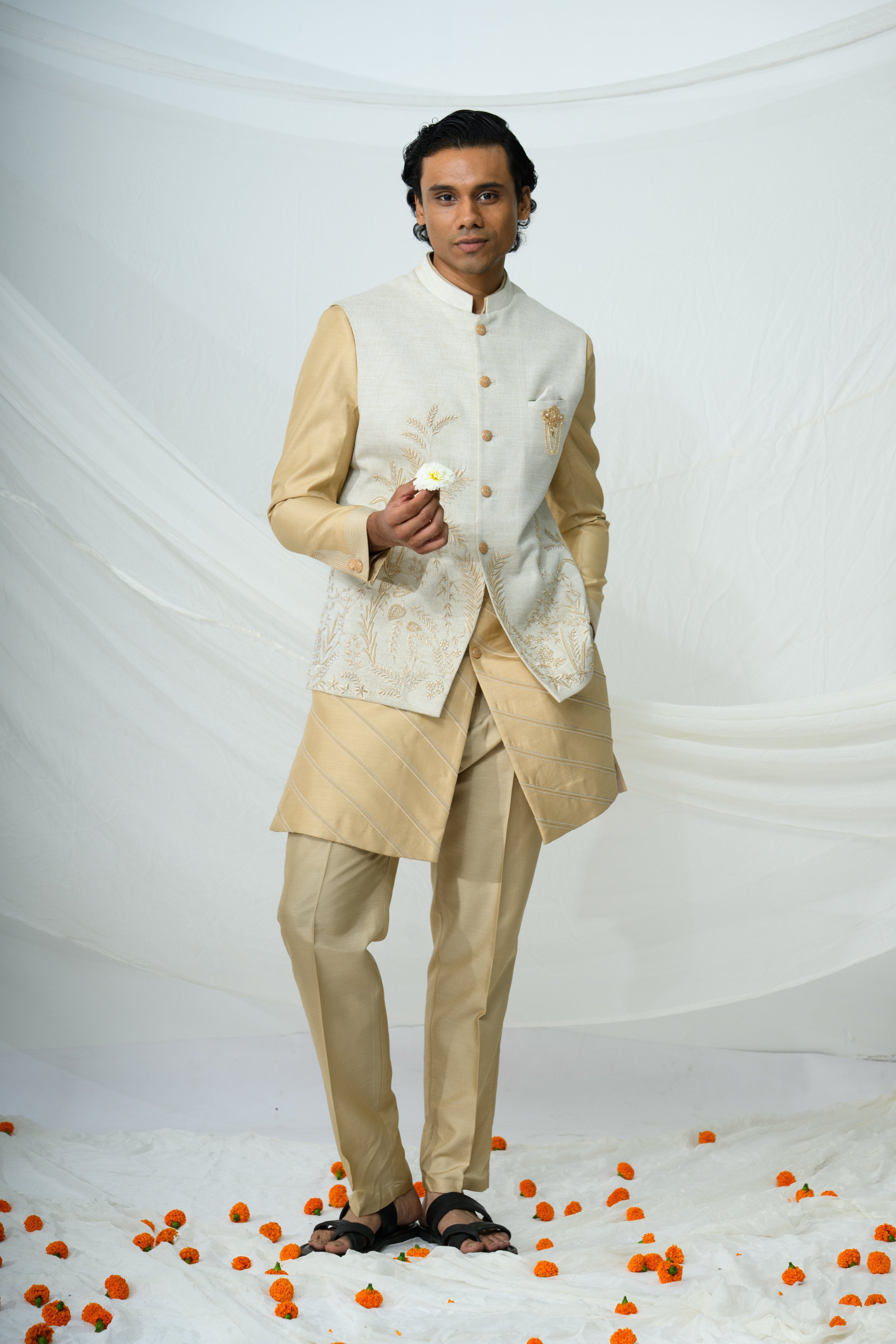 Gold Embroidered Bundi Draped Kurta Set