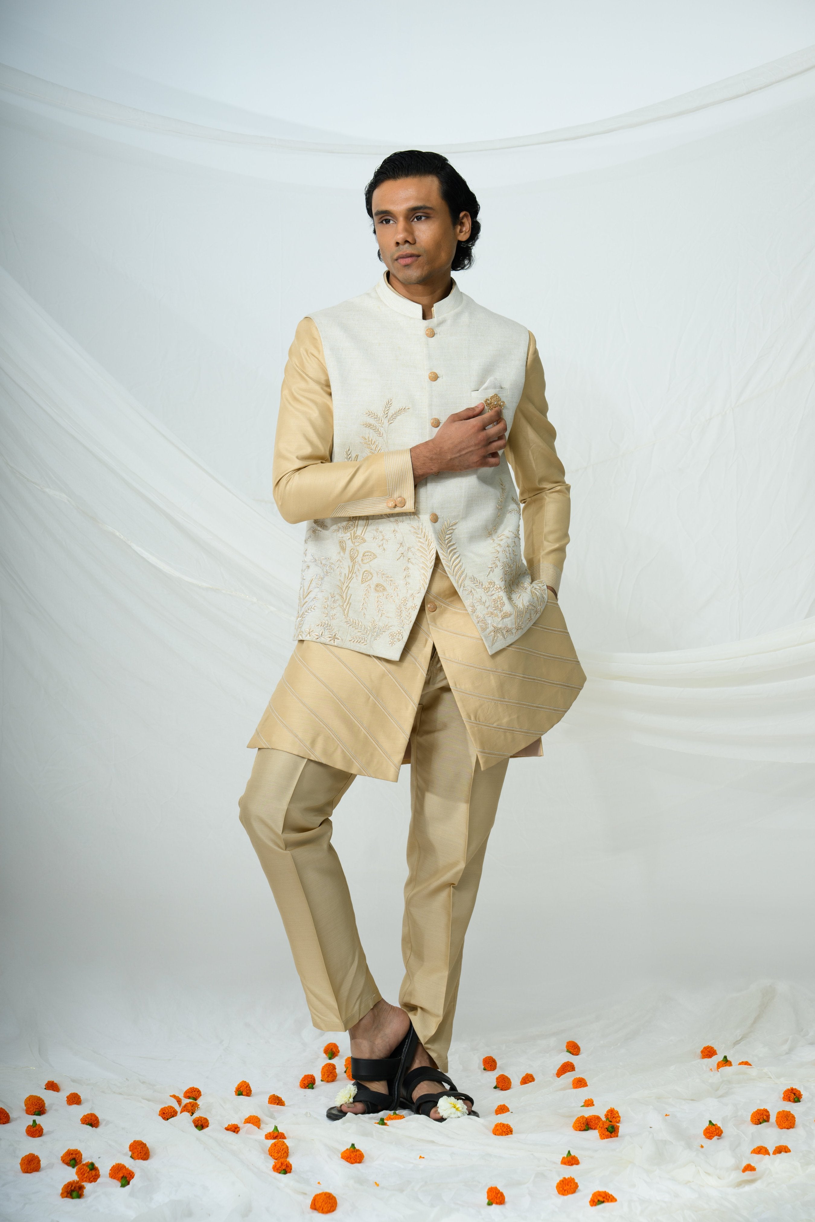 Gold Embroidered Bundi Draped Kurta Set