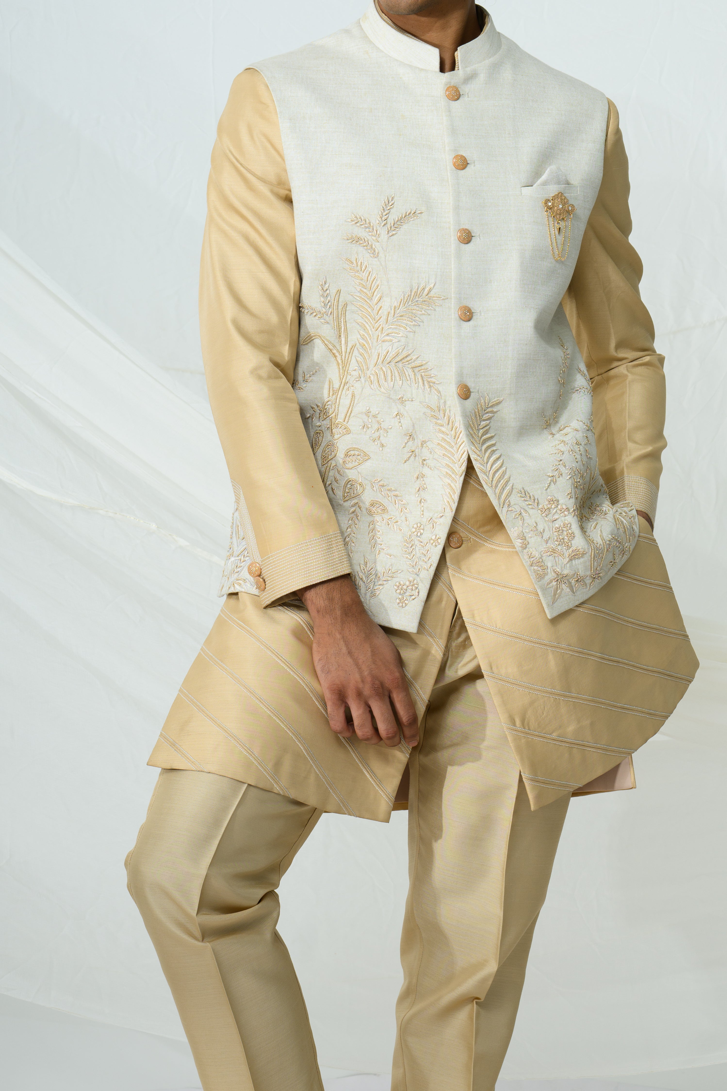 Gold Embroidered Bundi Draped Kurta Set