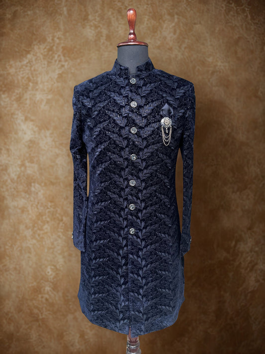 Blue Embroidered Indo Western Set