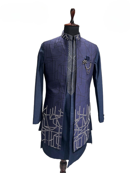 Blue Geometric Embroidered Shrug Kurta Set