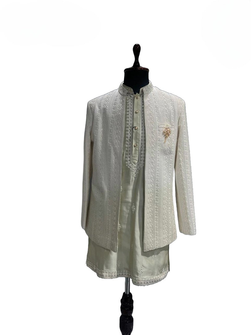 Cream Textured Shrug Kurta Set