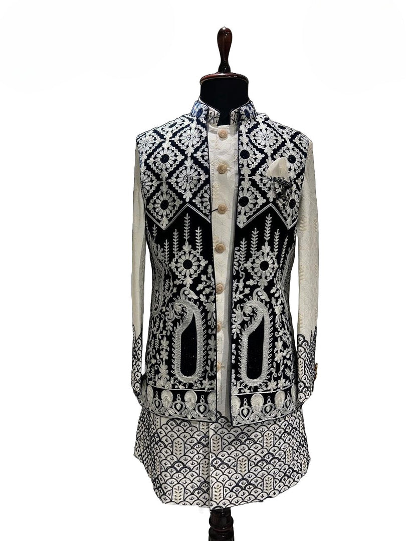 Blue / White Embroidered Shrug Kurta Set