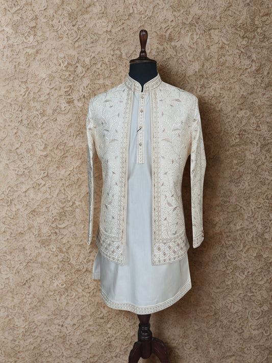 Cream Embroidered Shrug Kurta Set