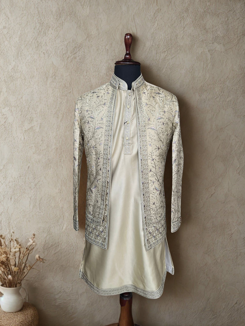 Pista Embroidered Shrug Kurta Set