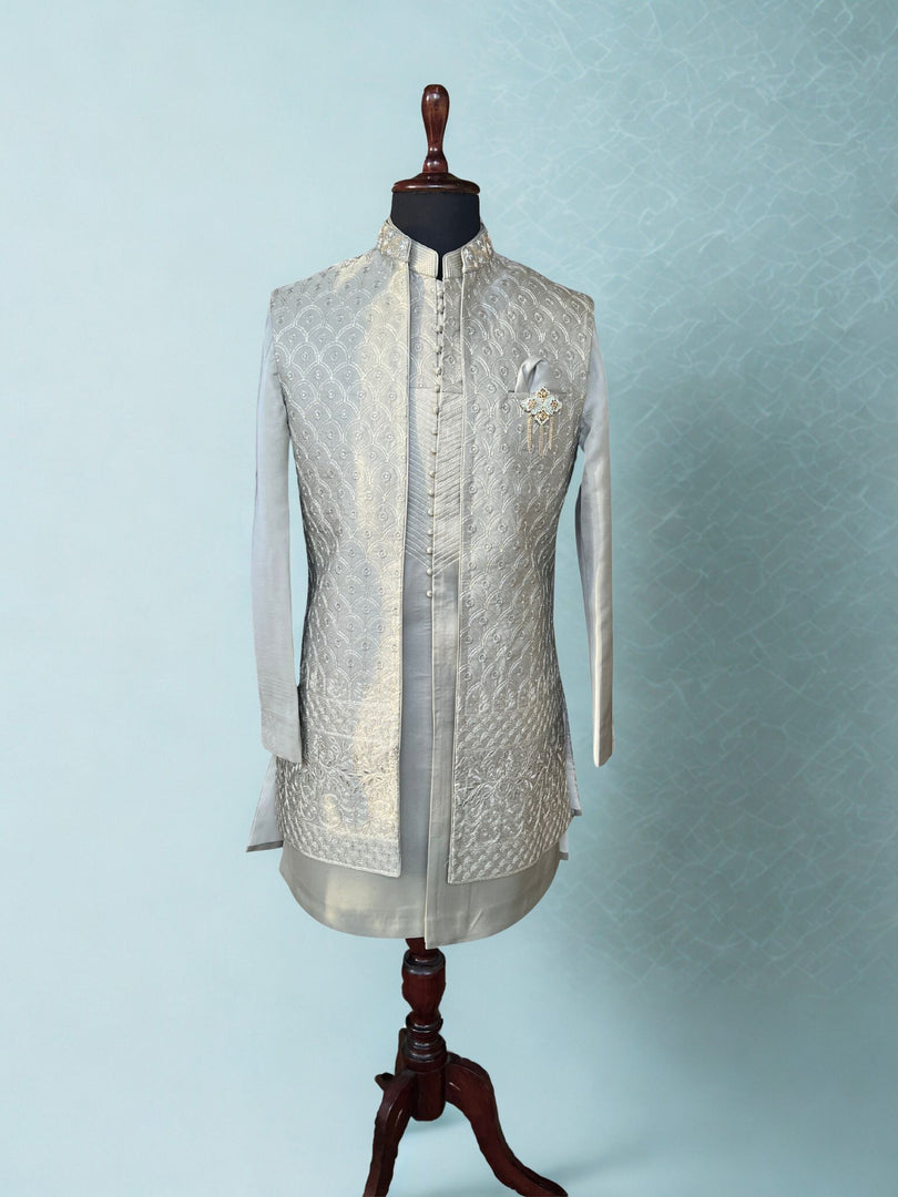 Pista Embroidered Shrug Kurta Set