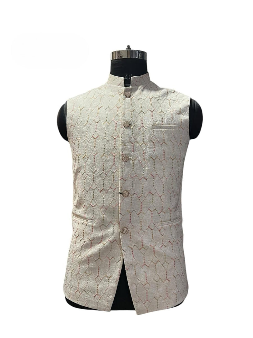 Men’s Natural Textured Nehru Waistcoat with Subtle Multicolor Embroidery