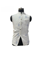 Load image into Gallery viewer, Men’s White Embroidered Nehru Waistcoat with Blue Motifs
