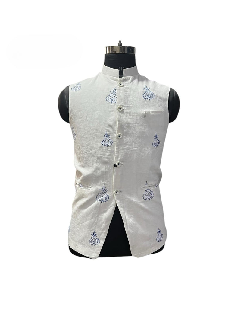 Men’s White Embroidered Nehru Waistcoat with Blue Motifs