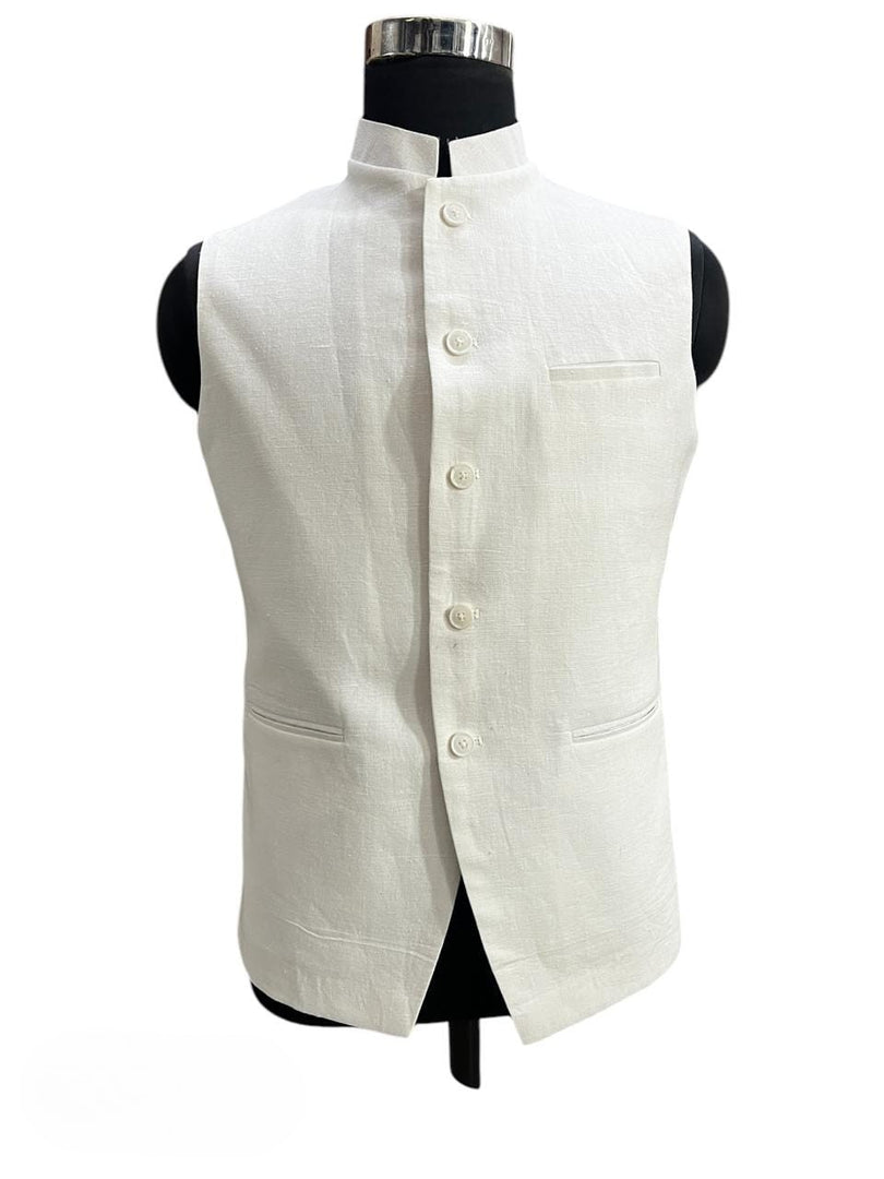 Men’s Elegant White Linen Nehru Waistcoat
